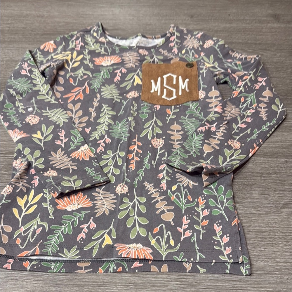 Gray and Green Long Sleeve Tee with Floral Pattern